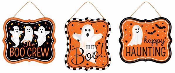 Trio Of 7X6 Inch Rectangular Halloween Metal Sign: GHOST MATTE BOO! - Wreath Accents - IMPORTED BBCrafts.com