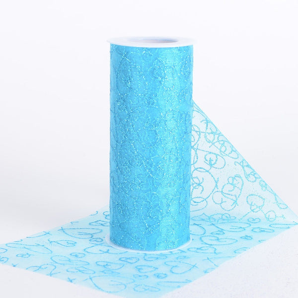 Turquoise - 6 Inch Glitter Hearts Organza Roll - ( W: 6 Inch | L: 10 Yards ) BBCrafts.com