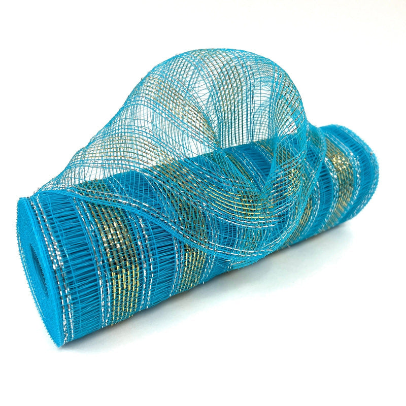 Turquoise with Gold Lines - Deco Mesh Eyelash Metallic Stripes - (10 Inch x 10 Yards) BBCrafts.com