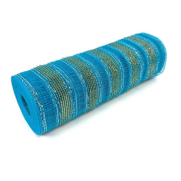 Turquoise with Gold Lines - Deco Mesh Eyelash Metallic Stripes - (10 Inch x 10 Yards) BBCrafts.com