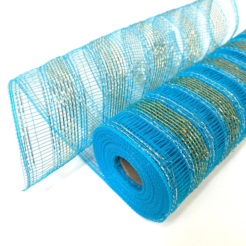 Turquoise with Gold Lines - Deco Mesh Eyelash Metallic Stripes - (10 Inch x 10 Yards) BBCrafts.com