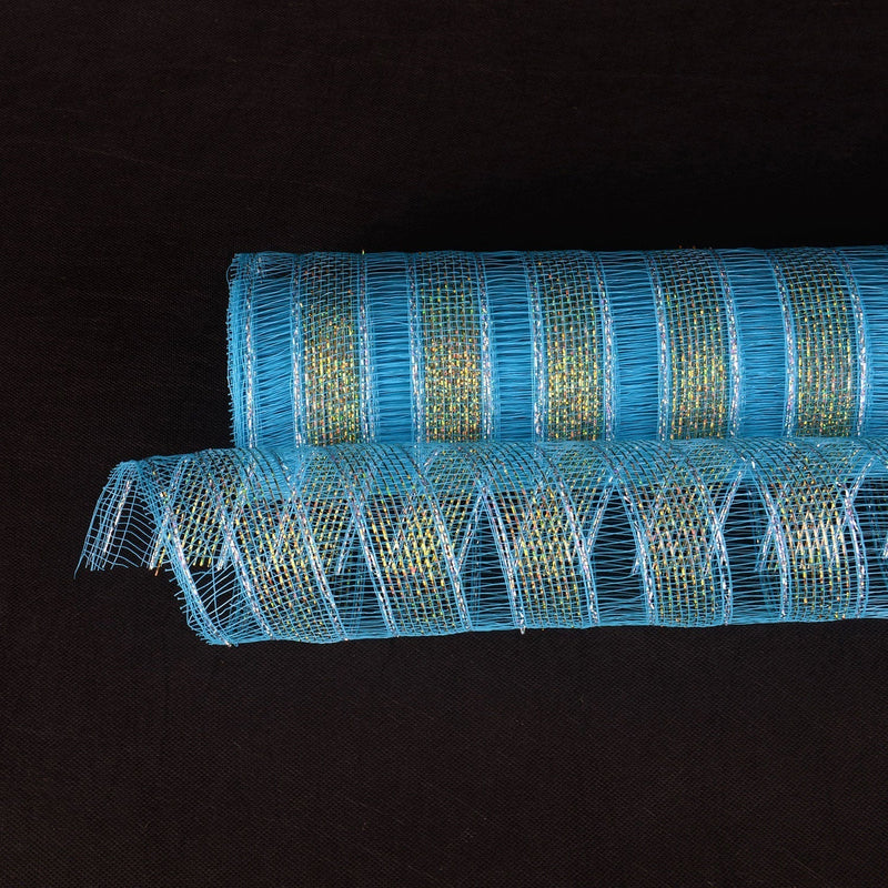 Turquoise with Gold Lines - Deco Mesh Eyelash Metallic Stripes - (10 Inch x 10 Yards) BBCrafts.com