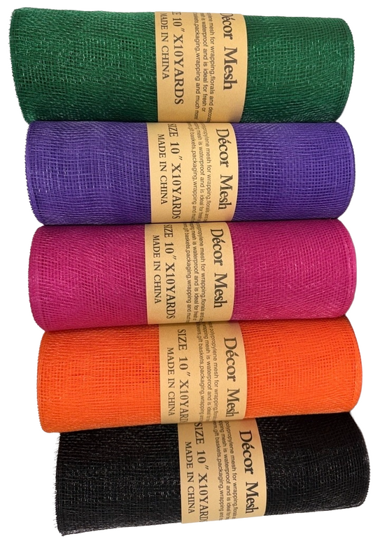 10 Inch x 10 Yards - Deco Mesh Solid Color - Hunter Green, Black, Fuchsia, Orange, Purple - Pack of 5