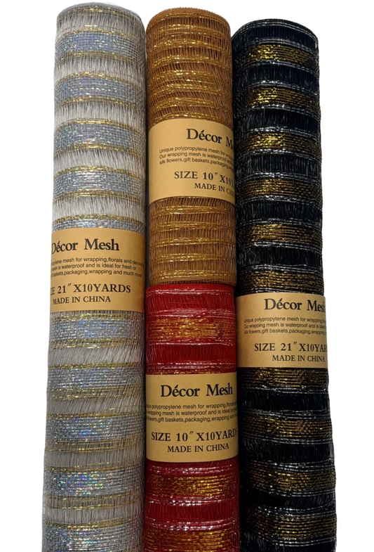 10" / 21" x 10 Yards - Deco Mesh Eyelash Metallic Stripes - Red, Old Gold, Silver, Black - Pack of 4