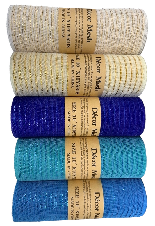 21 Inch x 10 Yards - Deco Mesh Metallic Stripes - Royal Blue, Turquoise, White, Ivory, Aqua Blue - Pack of 5