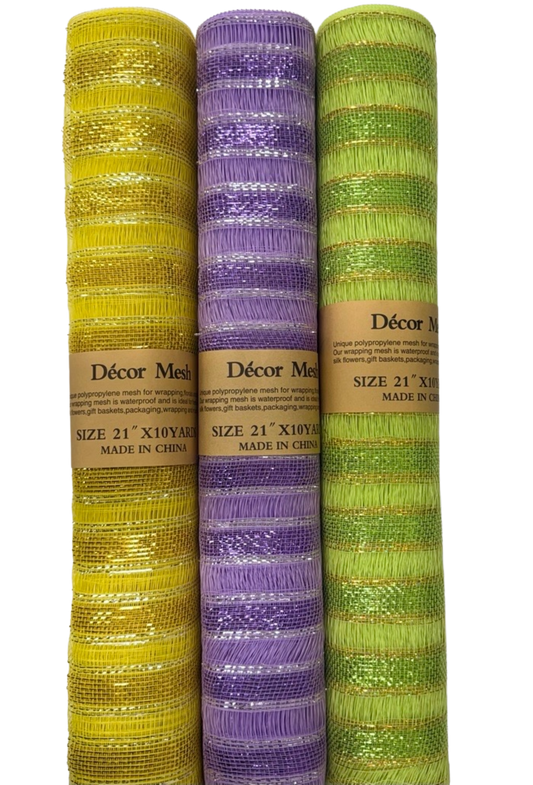 21 Inch x 10 Yards - Deco Mesh Eyelash Metallic Stripes - Apple Green, Yellow, Lavender - Pack of 3