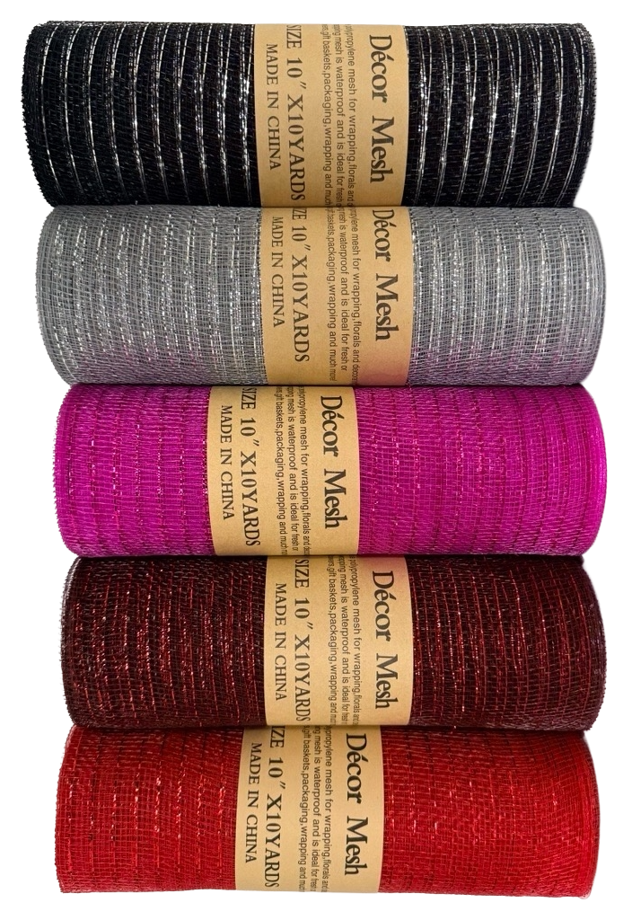 21 Inch x 10 Yards - Deco Mesh Metallic Stripes - Burgundy, Red, Silver, Black, Fuchsia - Pack of 5