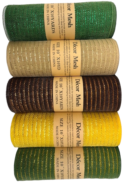 21 Inch x 10 Yards - Deco Mesh Metallic Stripes - Willow, Tan, Chocolate Brown, Light Gold, Willow Gold - Pack of 5