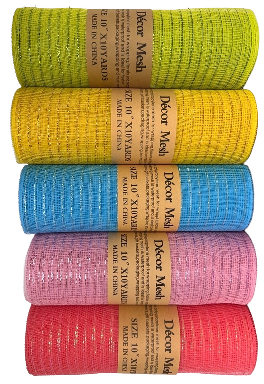 21 Inch x 10 Yards - Deco Mesh Metallic Stripes - Light Pink, Light Blue, Apple Green, Yellow, Coral - Pack of 5
