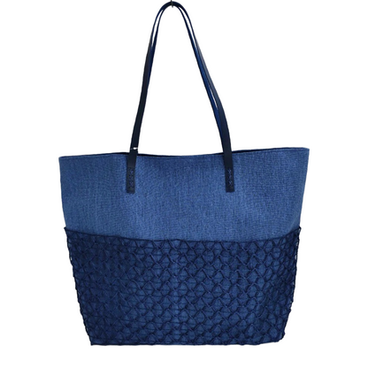 Women’s Beach Tote Bags Combo Set of 3 – Navy Blue, Summer & Dark Blue Leaf Print Canvas Large Pool & Travel Totes