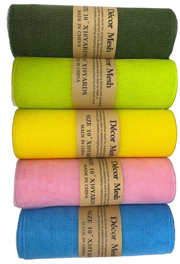 10 Inch x 10 Yards - Deco Mesh Solid Color - Spring Moss, Apple Green, Yellow, Light Pink, Light Blue - Pack of 5