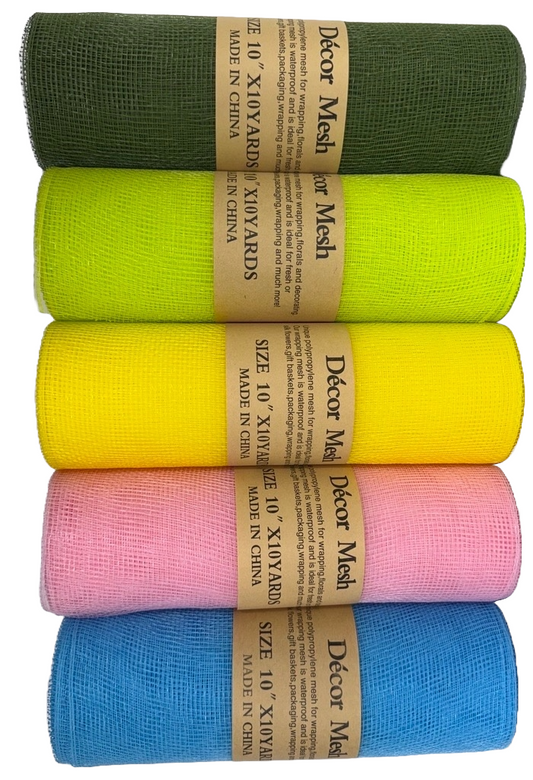 10 Inch x 10 Yards - Deco Mesh Solid Color - Spring Moss, Apple Green, Yellow, Light Pink, Light Blue - Pack of 5
