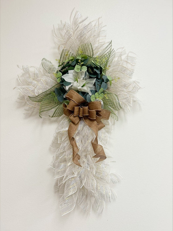 White Deco Mesh Cross Wreath - Made by Designer Leah