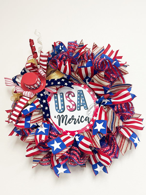 USA Patriotic Door Hang Wreath - Made By Designer Genine