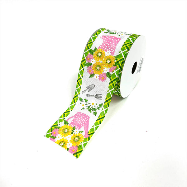 Watering Can Boots & Flowers Ribbon - Wired Edge - 2 - 1/2 Inch x 10 Yards BBCrafts.com