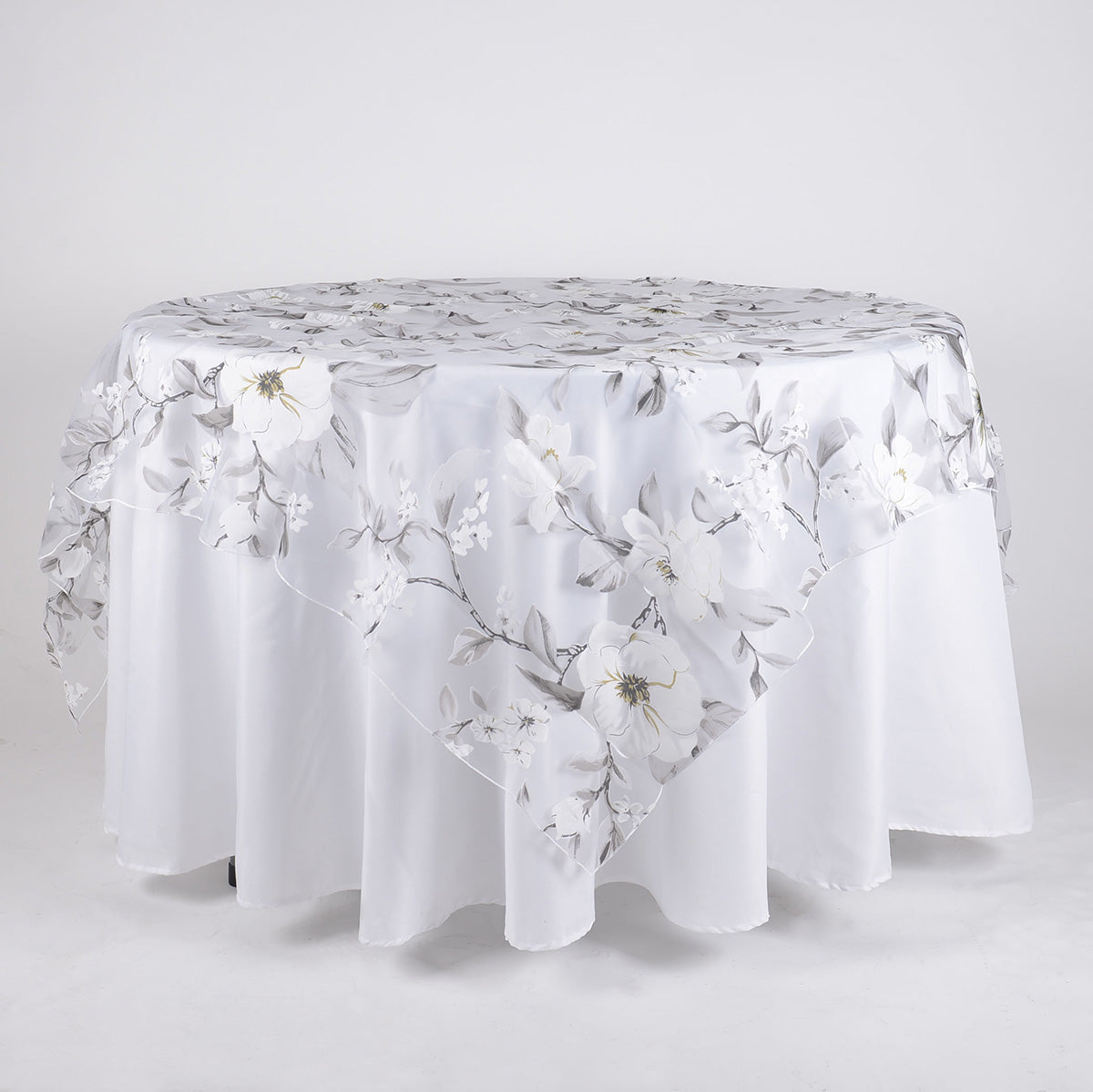 White 72 Inch x 72 Inch Organza with Flower Print Overlay