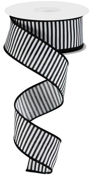 White & Black - Horizontal Thin Stripes Wired Edge Ribbon - ( 1-1/2 Inch | 10 Yards ) BBCrafts.com