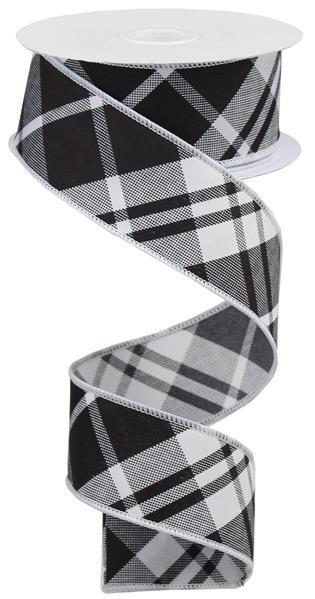 White Black - Printed Diagonal Plaid Wired Edge Ribbon - ( 1-1/2 Inch | 10 Yards ) BBCrafts.com