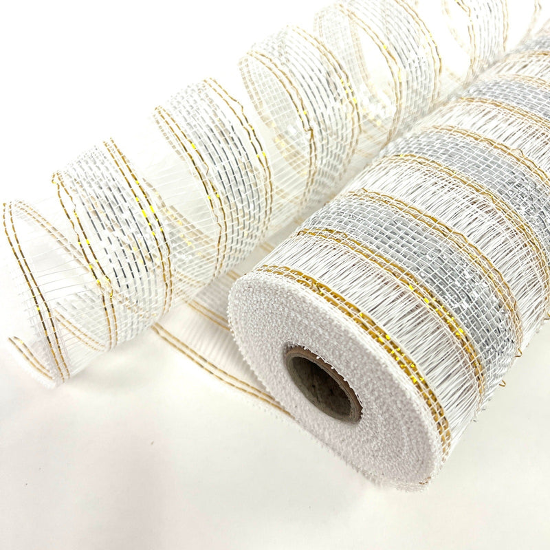 White - Deco Mesh Eyelash Metallic Stripes - (10 Inch x 10 Yards) BBCrafts.com