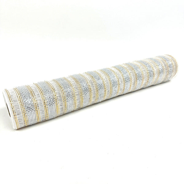 White - Deco Mesh Eyelash Metallic Stripes - (21 Inch x 10 Yards) BBCrafts.com