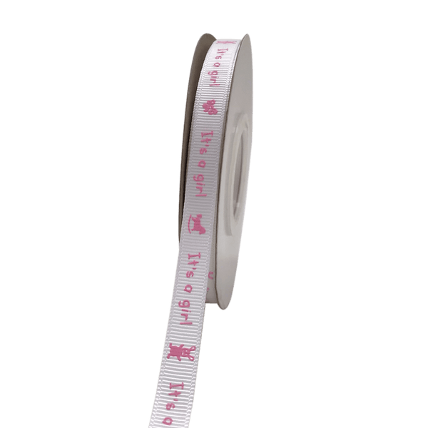 White - It's a girl - Grosgrain Ribbon Baby Design ( W: 3/8 Inch | L: 25 Yards ) BBCrafts.com