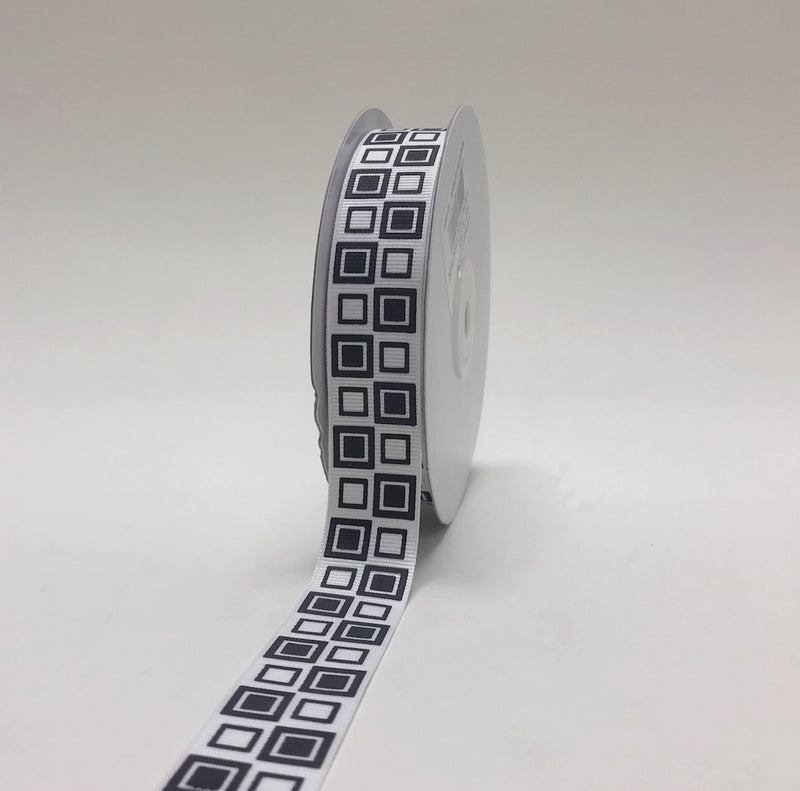 White - Square Design Grosgrain Ribbon ( 7/8 Inch | 25 Yards ) BBCrafts.com