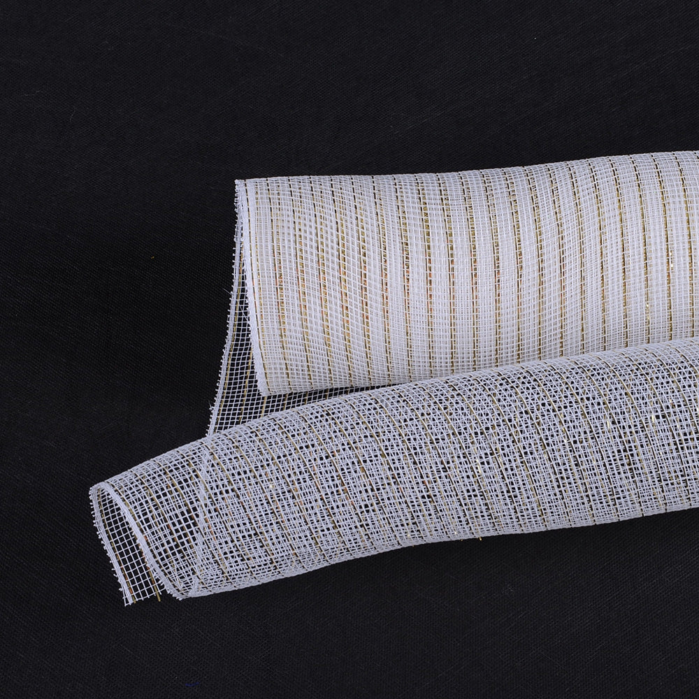 White with Gold - Deco Mesh Wrap Metallic Stripes - ( 10 Inch x 10 Yards ) BBCrafts.com