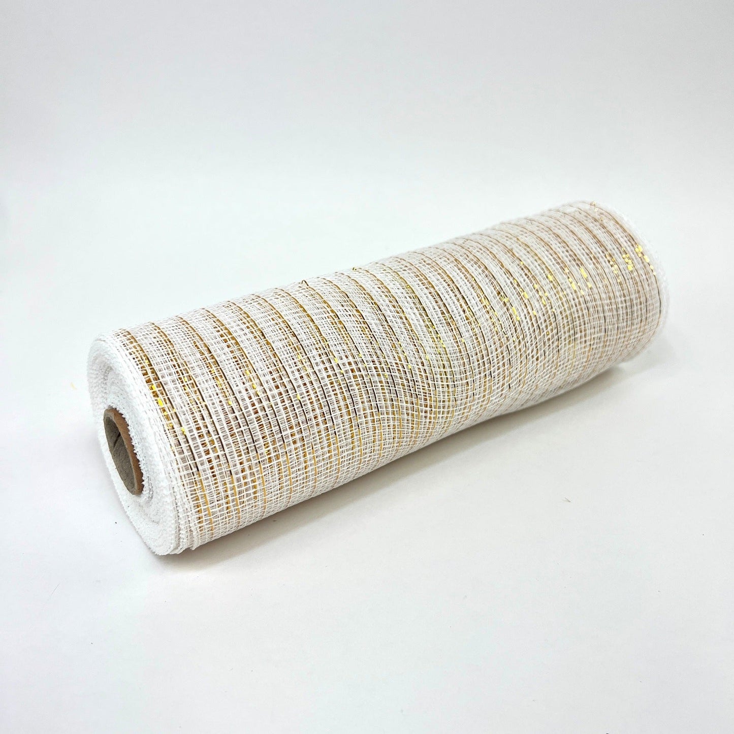 White with Gold - Deco Mesh Wrap Metallic Stripes - ( 10 Inch x 10 Yards ) BBCrafts.com