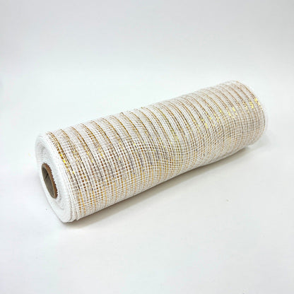 White with Gold - Deco Mesh Wrap Metallic Stripes - ( 10 Inch x 10 Yards ) BBCrafts.com