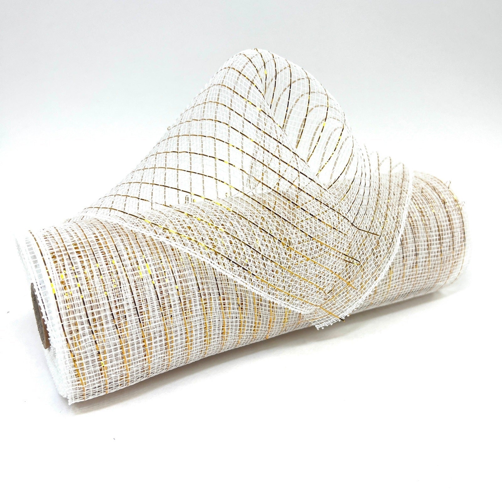 White with Gold - Deco Mesh Wrap Metallic Stripes - ( 10 Inch x 10 Yards ) BBCrafts.com