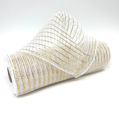 White with Gold - Deco Mesh Wrap Metallic Stripes - ( 10 Inch x 10 Yards ) BBCrafts.com