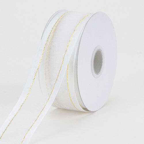 White with Gold - Organza Ribbon Two Striped Satin Edge - ( 1 - 1/2 Inch | 25 Yards ) BBCrafts.com