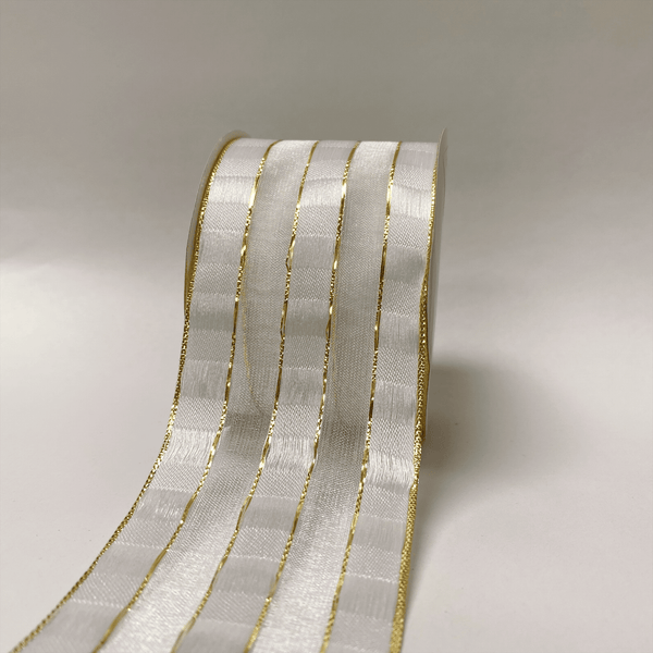White with Gold - Sheer Organza with Satin Ribbon - ( 2 - 1/2 Inch | 25 Yards ) BBCrafts.com
