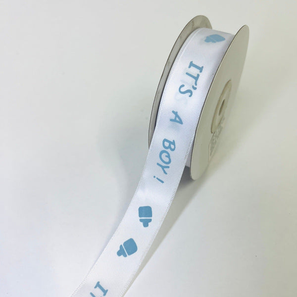 White with Light Blue IT'S A BOY! satin Ribbon 7/8''x25yds BBCrafts.com