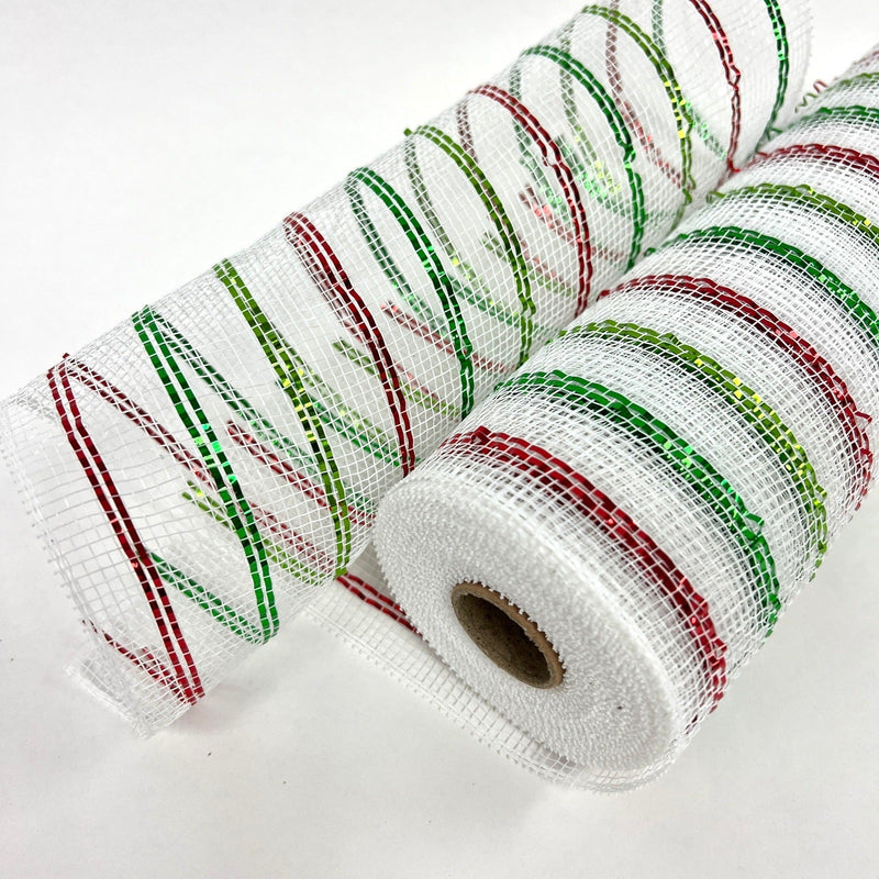 White with Multi Color - Holiday Floral Mesh Wraps - ( 10 Inch x 10 Yards ) BBCrafts.com