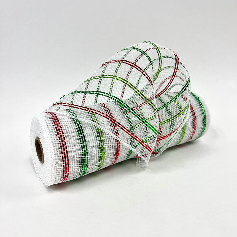 White with Multi Color - Holiday Floral Mesh Wraps - ( 10 Inch x 10 Yards ) BBCrafts.com