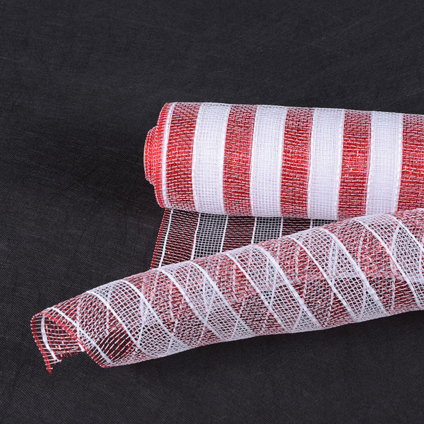 White with Red - Poly Deco Mesh Wreath Material with Laser Mono Stripe - 21 Inch x 10 Yards