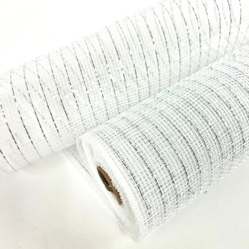 White with Silver - Deco Mesh Wrap Metallic Stripes - ( 10 Inch x 10 Yards ) BBCrafts.com