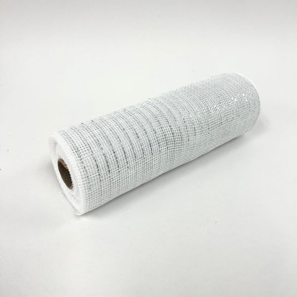 White with Silver - Deco Mesh Wrap Metallic Stripes - ( 10 Inch x 10 Yards ) BBCrafts.com