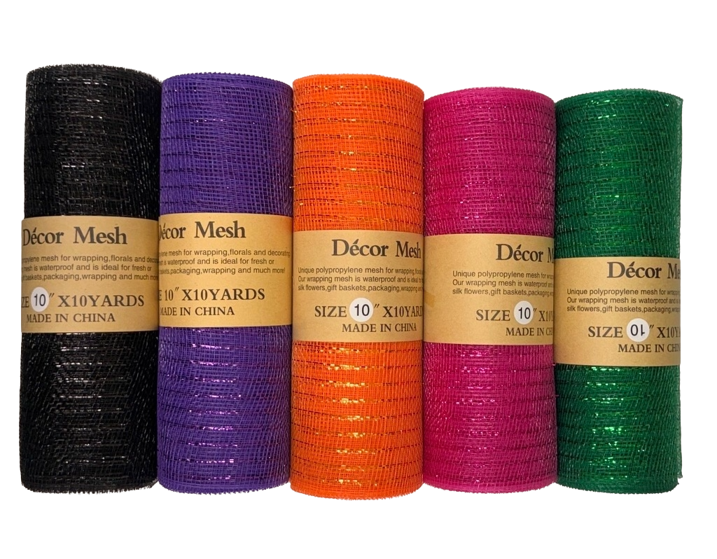 10 Inch x 10 Yards Deco Mesh Metallic Stripes, Hunter Green, Purple, Black, Fuchsia, Orange - Set of 5