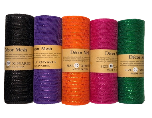 10 Inch x 10 Yards Deco Mesh Metallic Stripes, Hunter Green, Purple, Black, Fuchsia, Orange - Set of 5