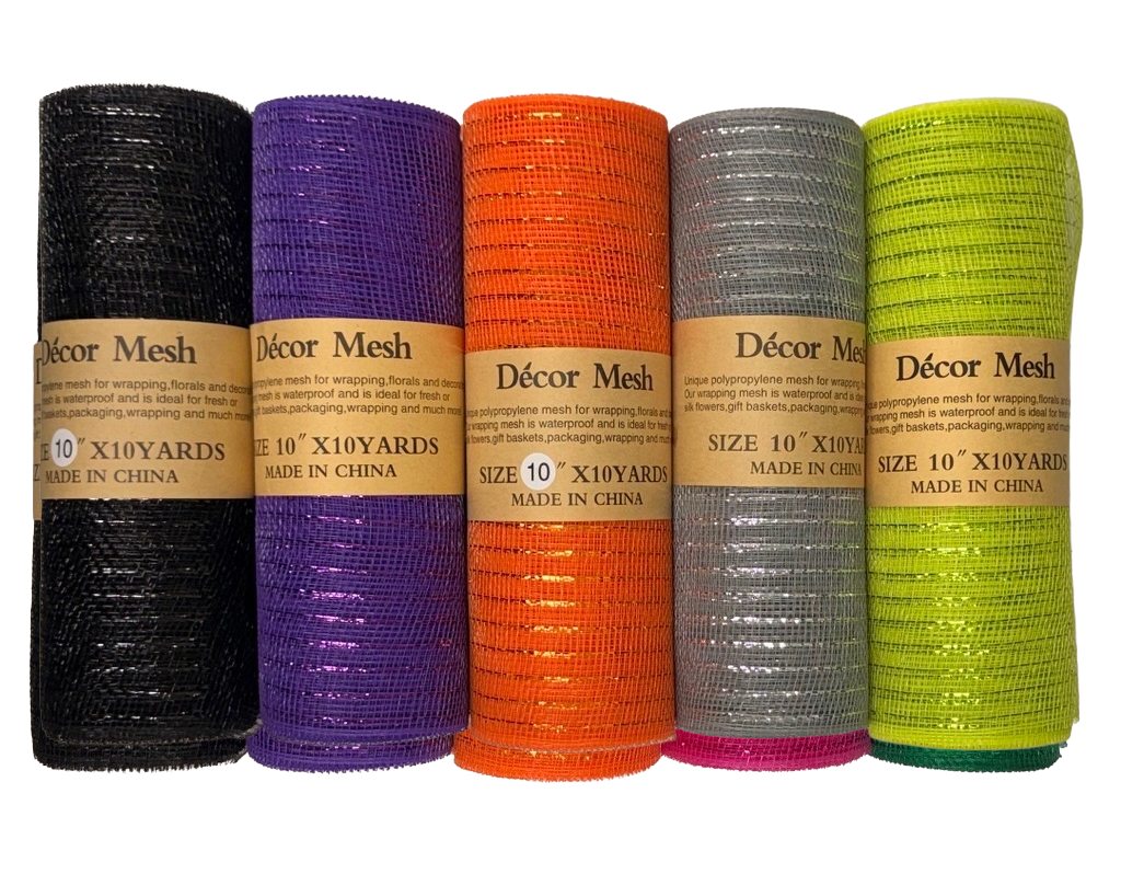 10 Inch x 10 Yards Deco Mesh Metallic Stripes, Black, Apple Green, Silver, Orange, Purple - Set of 5