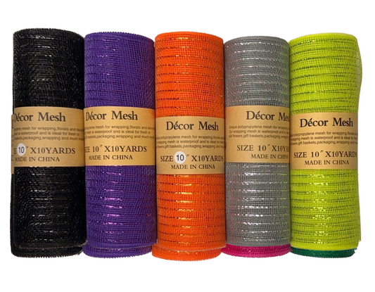 10 Inch x 10 Yards Deco Mesh Metallic Stripes, Black, Apple Green, Silver, Orange, Purple - Set of 5
