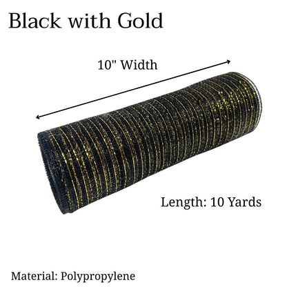 Pre-Order Now & Ship On February 27th - Black with Gold - Deco Mesh Metallic Stripes - ( 10 Inch x 10 Yards )