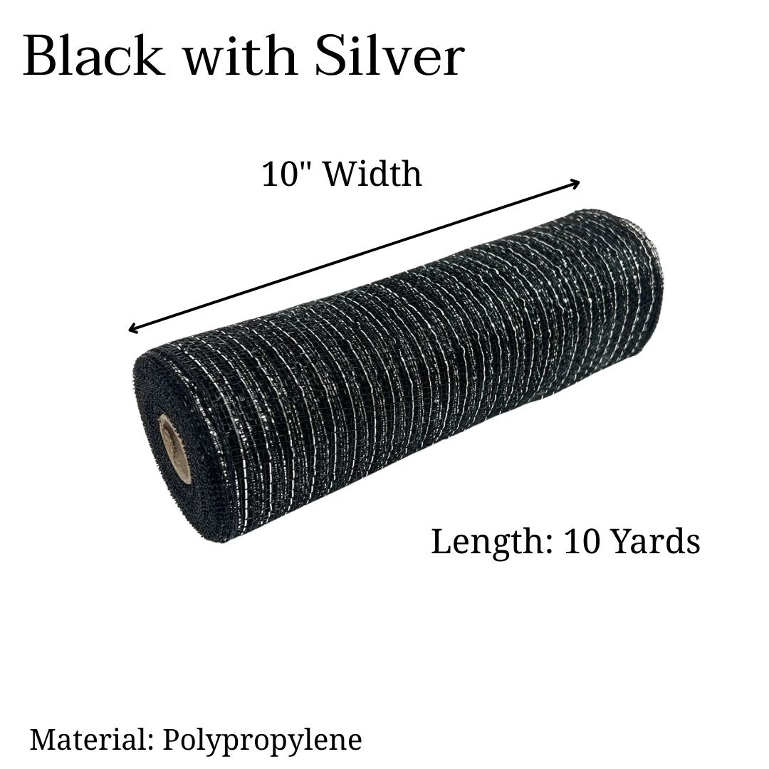 Pre-Order Now & Ship On February 27th - Black with Silver - Deco Mesh Metallic Stripes - ( 10 Inch x 10 Yards )