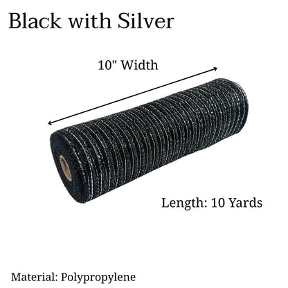 Pre-Order Now & Ship On February 27th - Black with Silver - Deco Mesh Metallic Stripes - ( 10 Inch x 10 Yards )