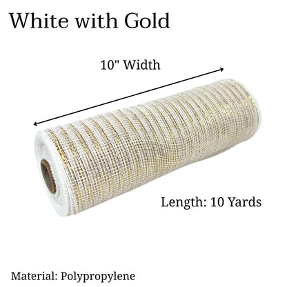 White with Gold - Deco Mesh Metallic Stripes - ( 10 Inch x 10 Yards )