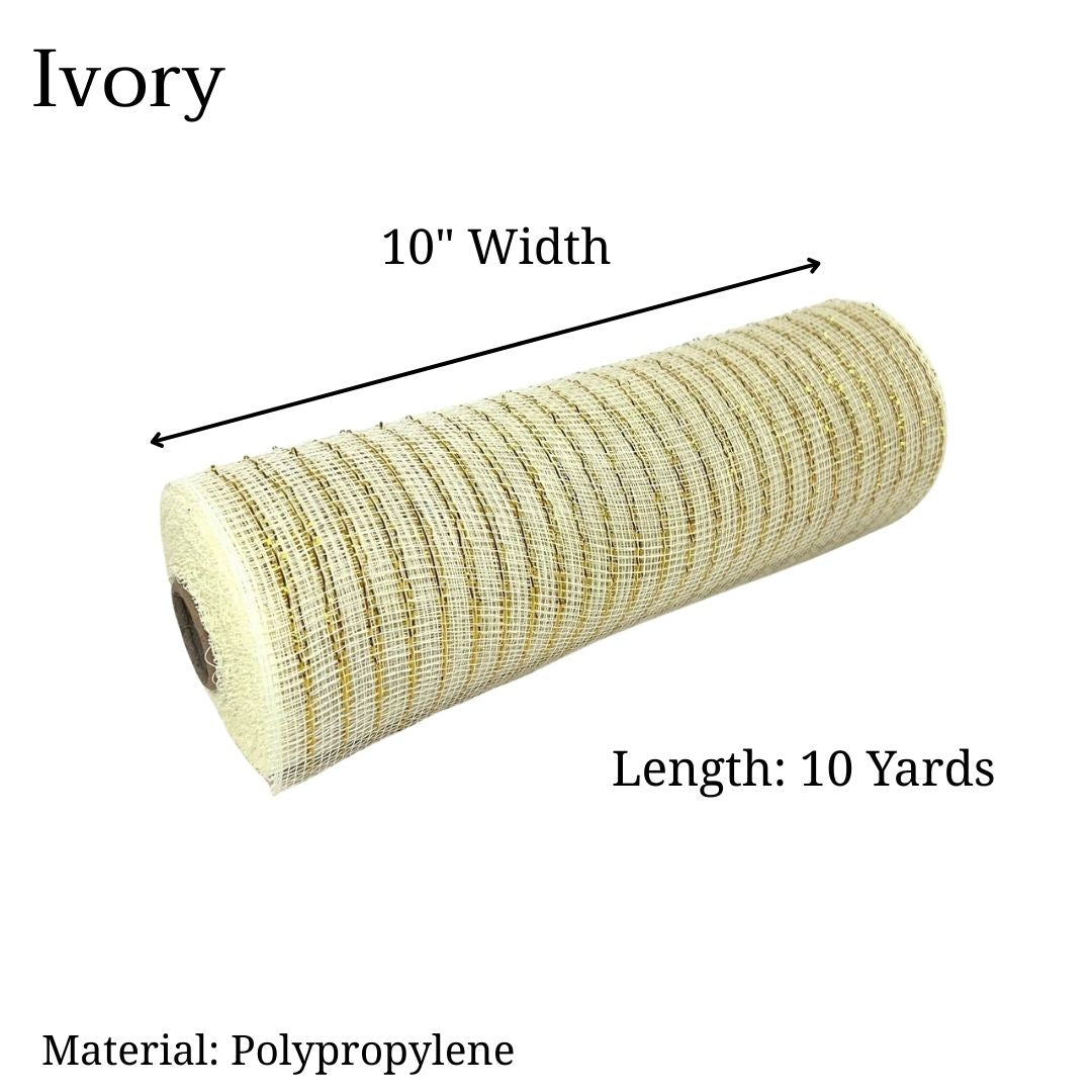 Ivory - Deco Mesh Metallic Stripes - ( 10 Inch x 10 Yards )