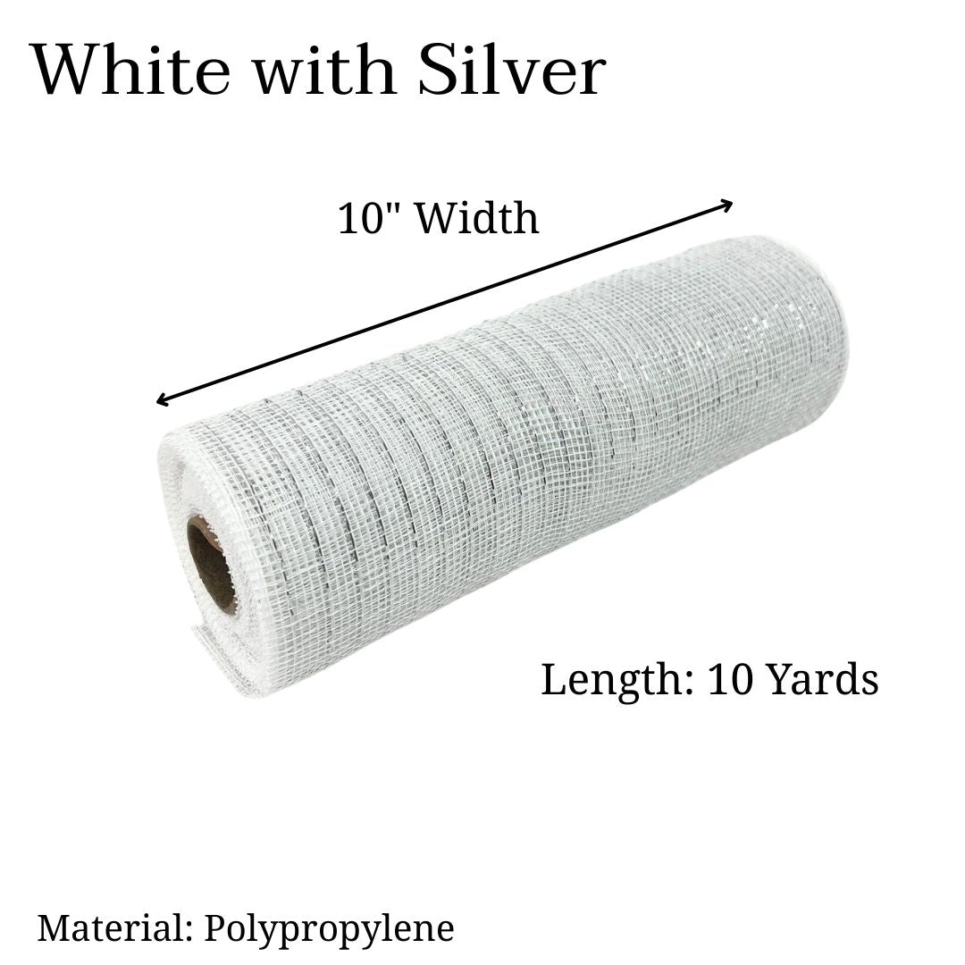 White with Silver - Deco Mesh Metallic Stripes - ( 10 Inch x 10 Yards )