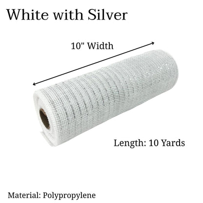 White with Silver - Deco Mesh Metallic Stripes - ( 10 Inch x 10 Yards )
